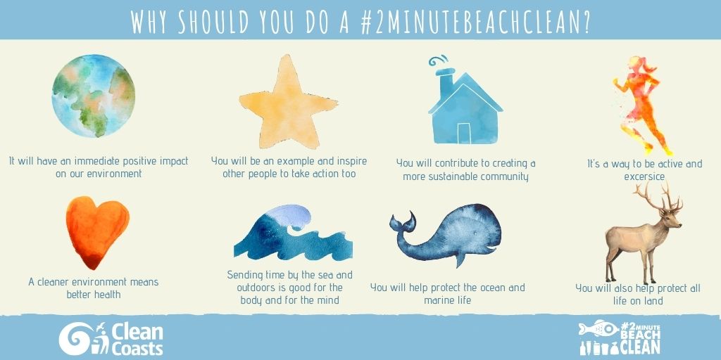 There are so many reasons why you should do a #2minutebeachclean Your clean-up will have an immediate positive impact on our environment and contribute to protect life on land and under water. You will be an example for other people and inspire them to take action too. You will actively contribute to creating a more sustainable community. You’ll have a way to be active and exercise, as well as spending time outdoors, in a park or maybe even by the sea. And a cleaner environment means a better health.