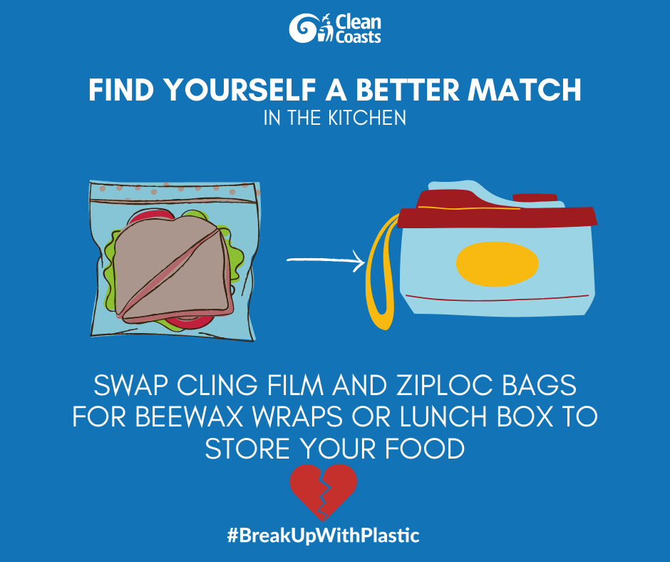 Replace cling film and ziplock bags with beewax wraps and lunch boxes to store your food