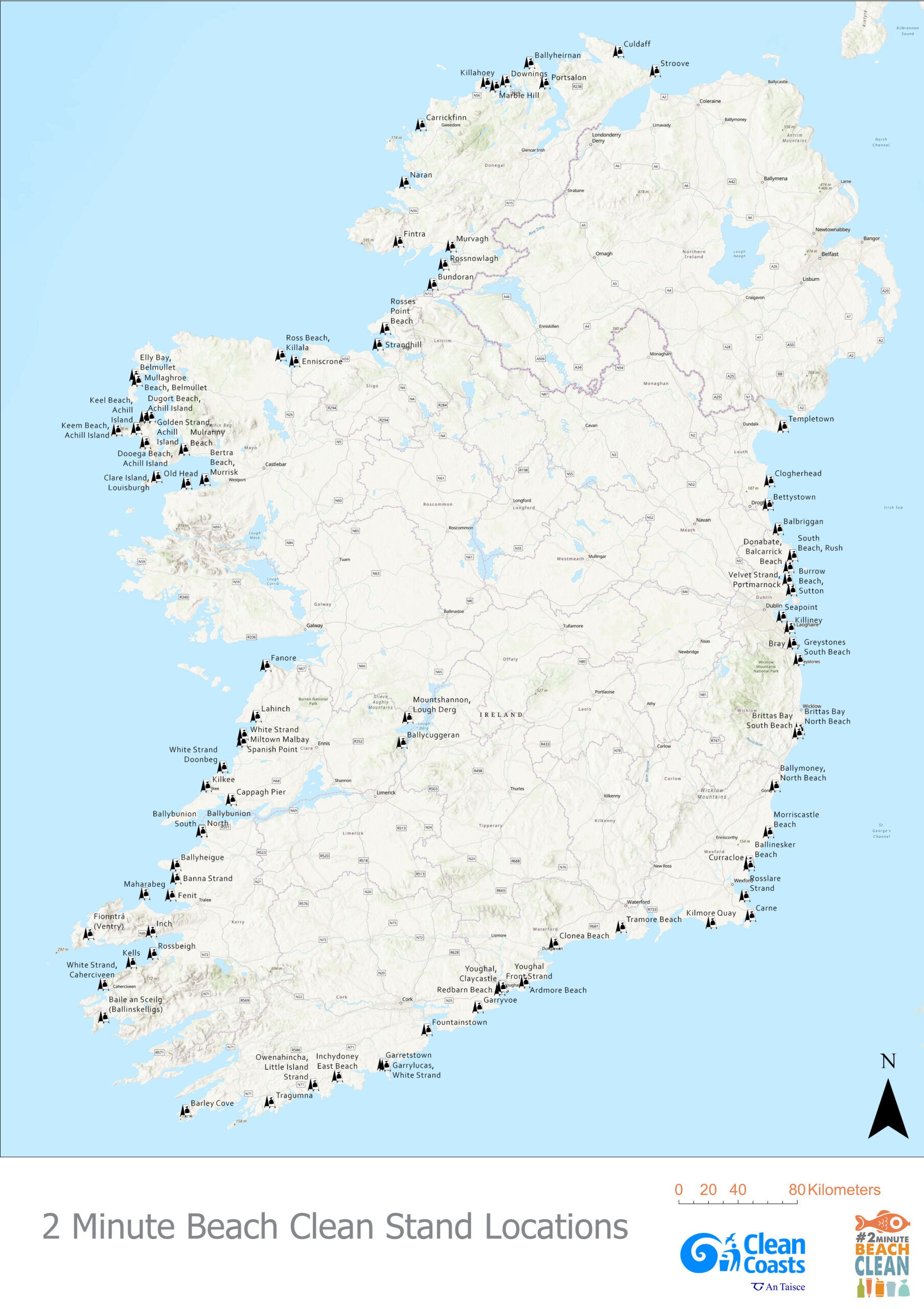 A map of all the #2MinuteBeachClean stations around Ireland